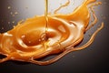 A splash of caramel colored liquid on a white background. Generative AI