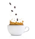 Splash of coffe with beans on isolated white background