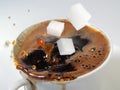 A splash of coffee in a white cup  closeup with three  sugar cubes  falling in a cup Royalty Free Stock Photo