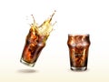 Splash cola, soda, cold tea or coffee with ice Royalty Free Stock Photo
