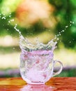 Splash of cool fresh water with ice cube in transparent glass cup in the table outoors in summer day. Royalty Free Stock Photo