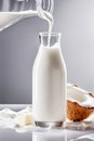 Splash of Fresh coconut milk in a glass - grey background Royalty Free Stock Photo