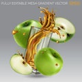 Splash of fruit juice in a glass among green apples. Royalty Free Stock Photo