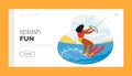 Splash Fun Landing Page Template. Kite Surfer Female Character Glides Over Waves, Propelled By Wind Royalty Free Stock Photo