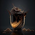 Splash in glass of coffee. Coffee splashing, froth dripping on black table. AI generative