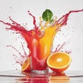 splash in glass cup with fruit juice with orange nearby Royalty Free Stock Photo