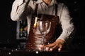 Splash in a glass with lemon barman on background Royalty Free Stock Photo
