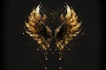 Gold wings of angel or eagle bird on black background. Splash gothic glamour decorative abstract concept. Generative AI.