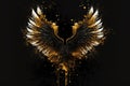 Gold wings of angel or eagle bird on black background. Splash gothic glamour decorative abstract concept. Generative AI.