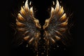 Gold wings of angel or eagle bird on black background. Splash gothic glamour decorative abstract concept. Generative AI.