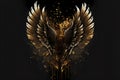 Gold wings of angel or eagle bird on black background. Splash gothic glamour decorative abstract concept. Generative AI.