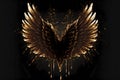 Gold wings of angel or eagle bird on black background. Splash gothic glamour decorative abstract concept. Generative AI.