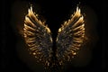 Gold wings of angel or eagle bird on black background. Splash gothic glamour decorative abstract concept. Generative AI.