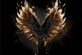 Gold wings of angel or eagle bird on black background. Splash gothic glamour decorative abstract concept. Generative AI.