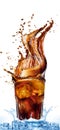 Splash from ice cubes in a glass of cola, isolated on the white background