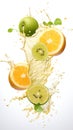 A splash of juice with oranges, kiwi and limes. Digital image.