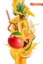 Splash of juice and sweet tropical fruits. Mango, banana, pineapple, papaya and orange. 3d vector