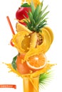 Splash of juice and sweet tropical fruits. Mango, banana, pineapple, papaya and orange. 3d vector