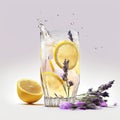 Splash of lavender lemonade with lemon on purple background Royalty Free Stock Photo