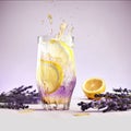 Splash of lavender lemonade with lemon on purple background