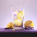 Splash of lavender lemonade with lemon on purple background Royalty Free Stock Photo