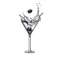 Splash martini glass cocktail hand drawn black and white vector illustration Royalty Free Stock Photo