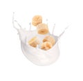 Splash of milk with banana on a white background