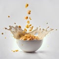 Splash of milk with cornflakes isolated on white background.