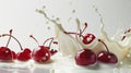 splash of milk with fresh red cherries against a white background, Ai Generated