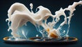 Splash of milk from the glass on a blue background. Dairy concept. Generative AI.