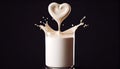 splash milk glass pouring heart shape isolated background clipping path drink product dairy food fresh liquid flowing white Royalty Free Stock Photo