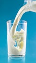 Splash of milk in transparent glass on blue background Royalty Free Stock Photo