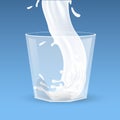 Splash of milk in transparent glass vector cartoon illustration. Liquid pouring into bar or restaurant glassware. Royalty Free Stock Photo