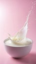 Splash of Milk in a White Bowl Against Pink Background Royalty Free Stock Photo