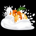 Splash milk or yogurt and fresh apricot. Fruit 3d realistic vector on black background