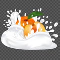 Splash milk or yogurt and fresh apricot. Fruit 3d realistic vector illustration