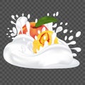 Splash milk or yogurt and fresh Peach. Fruit 3d realistic vector illustration Royalty Free Stock Photo