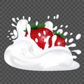 Splash milk or yogurt and fresh strawberry. Fruit 3d realistic vector illustration Royalty Free Stock Photo