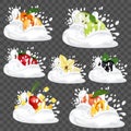 Splash milk or yogurt. Set with fresh fruit, berries and vanilla. 3d realistic vector illustration Royalty Free Stock Photo