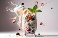 Splash of milkshake with pieces of fresh fruit. White background, isolated Royalty Free Stock Photo