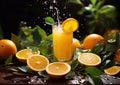 Splash of orange juice in glass on dark background with raw organic oranges.Macro.AI Generative Royalty Free Stock Photo