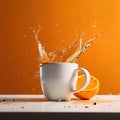 Splash of orange juice in a white cup on a yellow background. Royalty Free Stock Photo