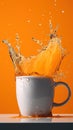 Splash of orange juice in a white cup on a yellow background. Royalty Free Stock Photo