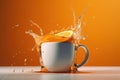 Splash of orange juice in a white cup on a yellow background. Royalty Free Stock Photo