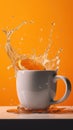 Splash of orange juice in a white cup on a yellow background. Royalty Free Stock Photo