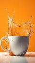 Splash of orange juice in a white cup on a yellow background. Royalty Free Stock Photo