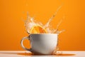 Splash of orange juice in a white cup on a yellow background. Royalty Free Stock Photo