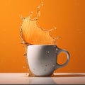 Splash of orange juice in a white cup on a yellow background. Royalty Free Stock Photo