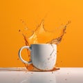 Splash of orange juice in a white cup on a yellow background. Royalty Free Stock Photo