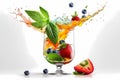 Splash of organic water cocktail with pieces of fresh fruit. White background, isolated Royalty Free Stock Photo